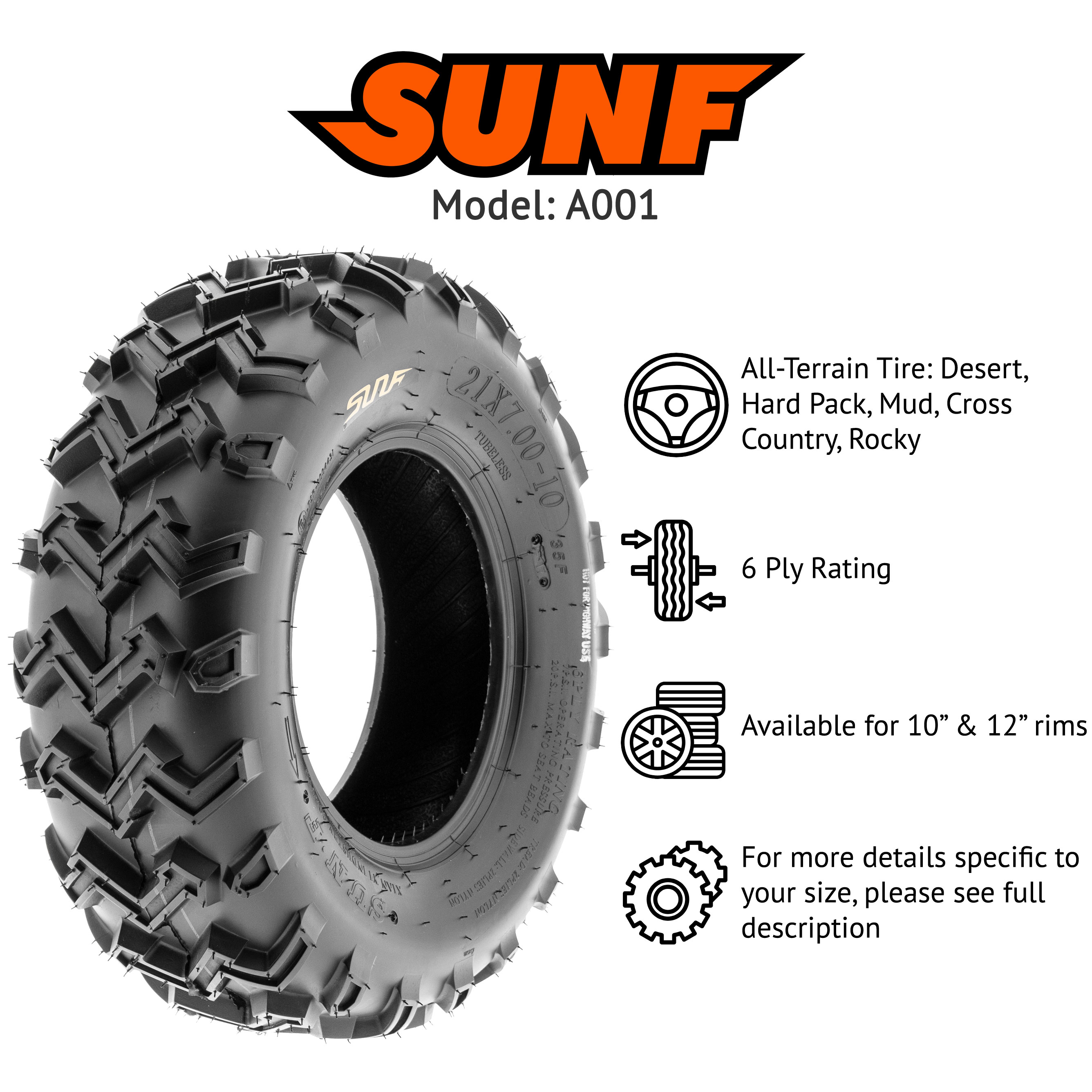 SunF 21x7-10 21x7x10 ATV UTV All Terrain Trail Replacement 6 PR Tubeless Tires A031, Set of 2 